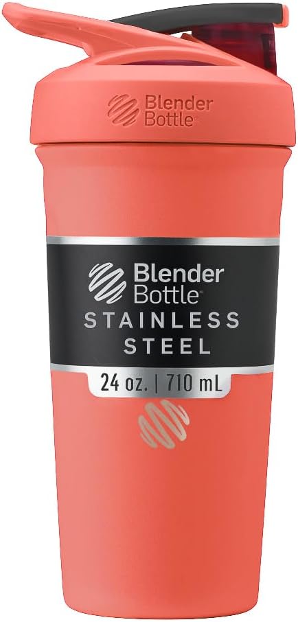 BlenderBottle Sport Flip Stainless Steel Shaker Bottle 24 oz Coral Full Color Coral