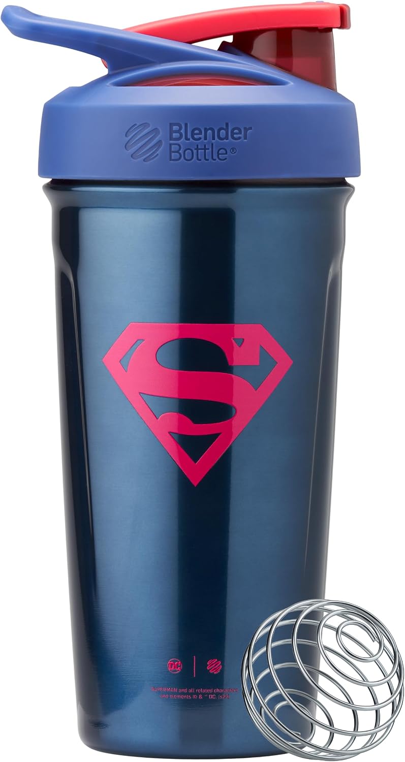 BlenderBottle Justice League Sport Flip Shaker Bottle 24 oz Blue Superman The Man of Steel