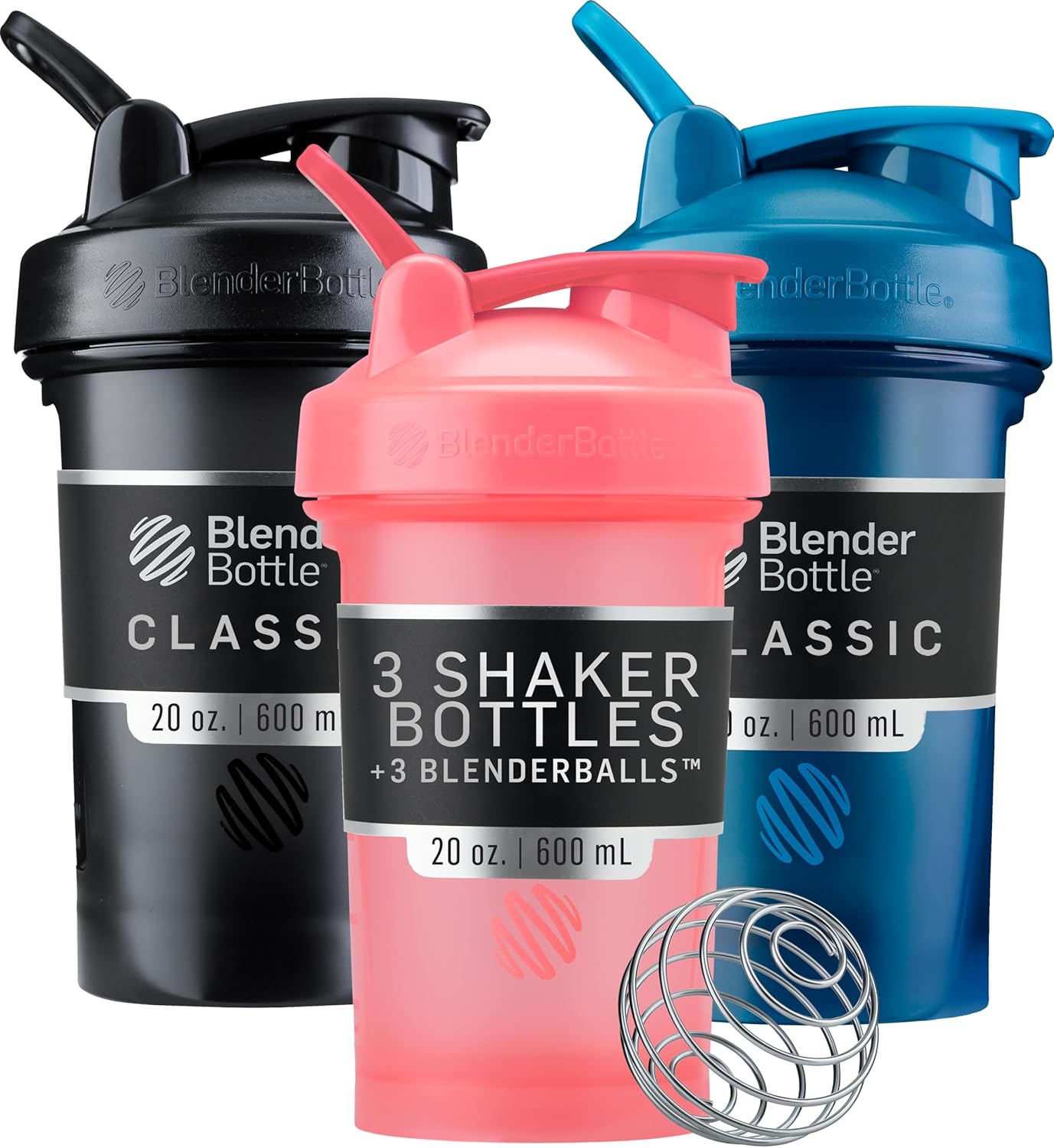 BlenderBottle Classic V2 Plastic Shaker Bottle 20oz Black/Navy/Pink, 3-Pack Black, Navy, Pink