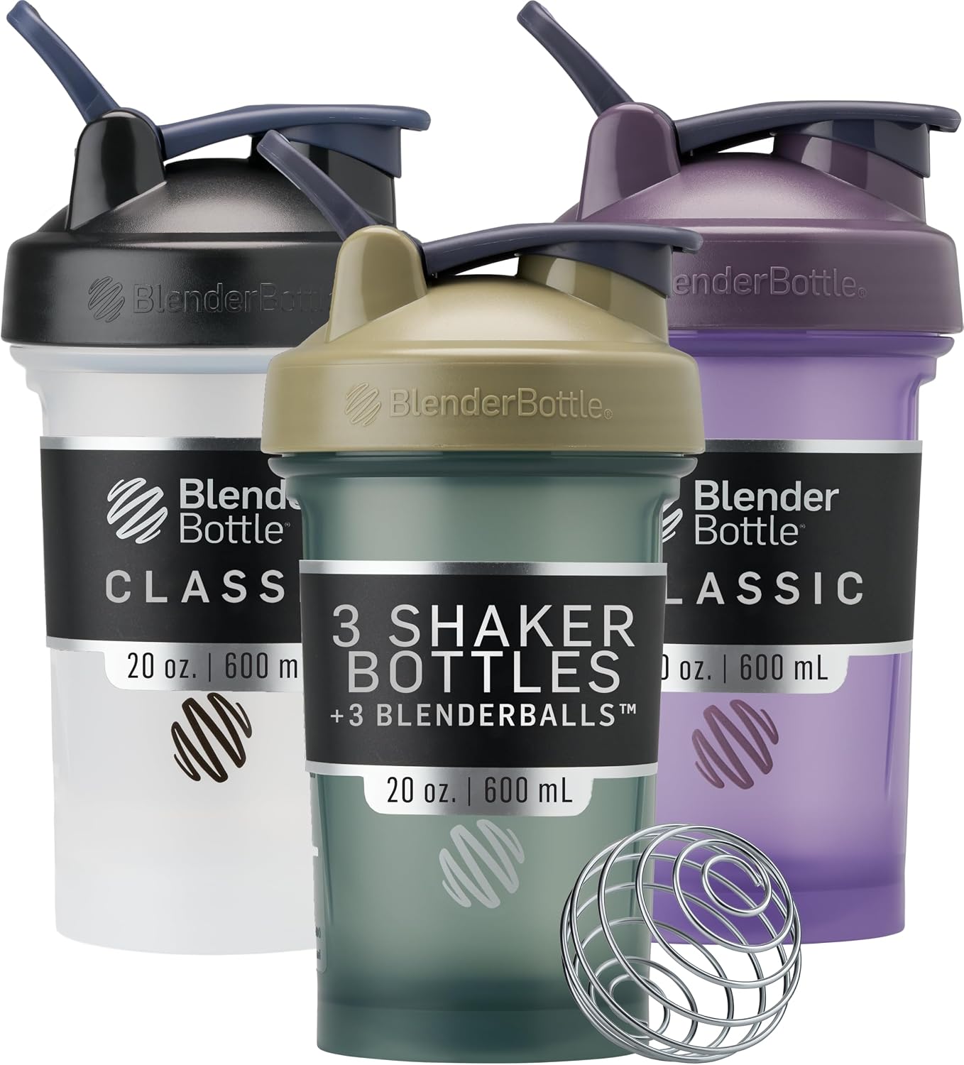 BlenderBottle Classic V2 Shaker Bottle 20 oz Black/Tan&Blue/Purple, 3-Pack Black, Tan/Blue, Purple
