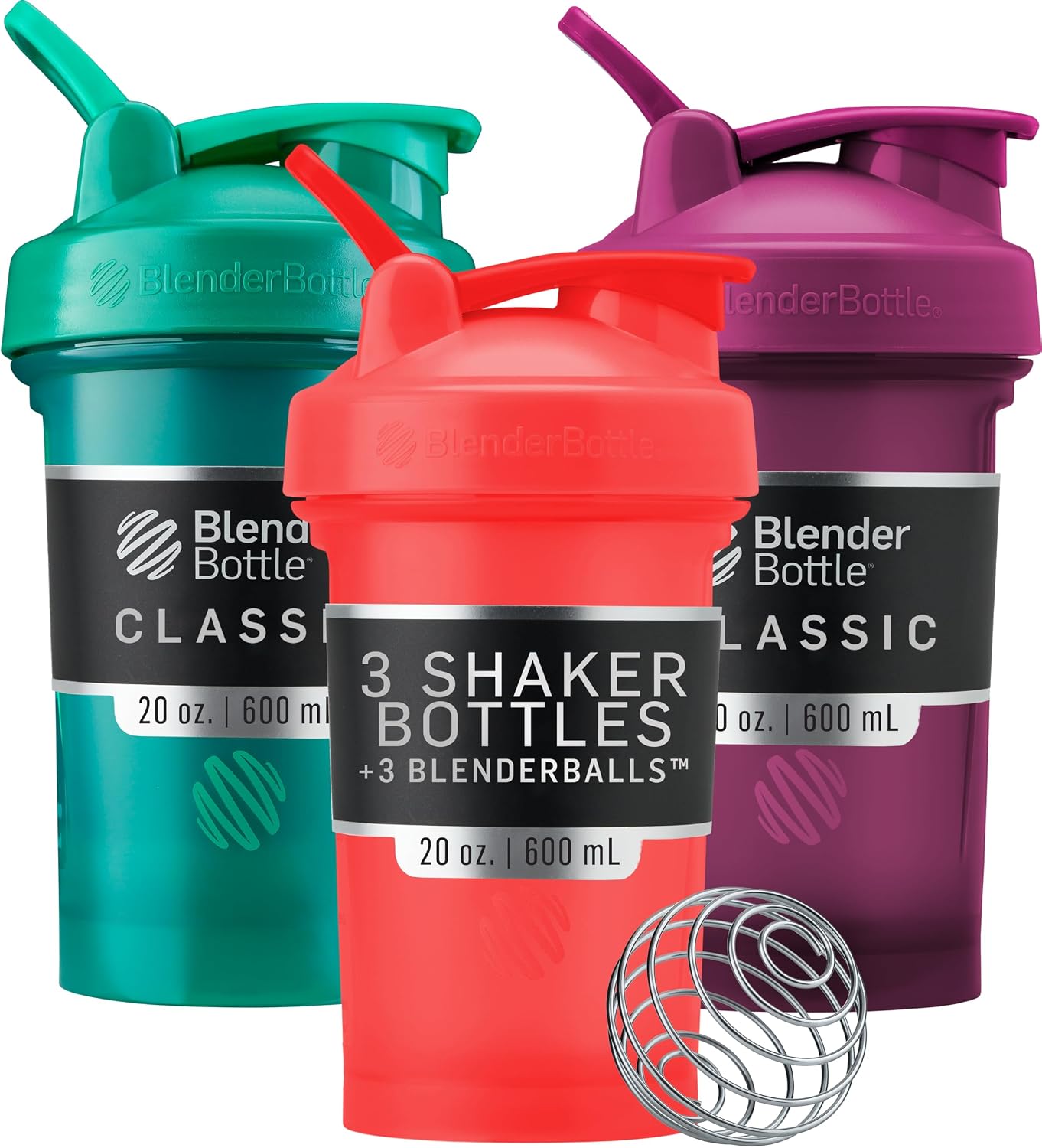 BlenderBottle Classic V2 Plastic Shaker Bottle 20 oz Red/Green/Plum, 3-Pack Red, Green, and Plum