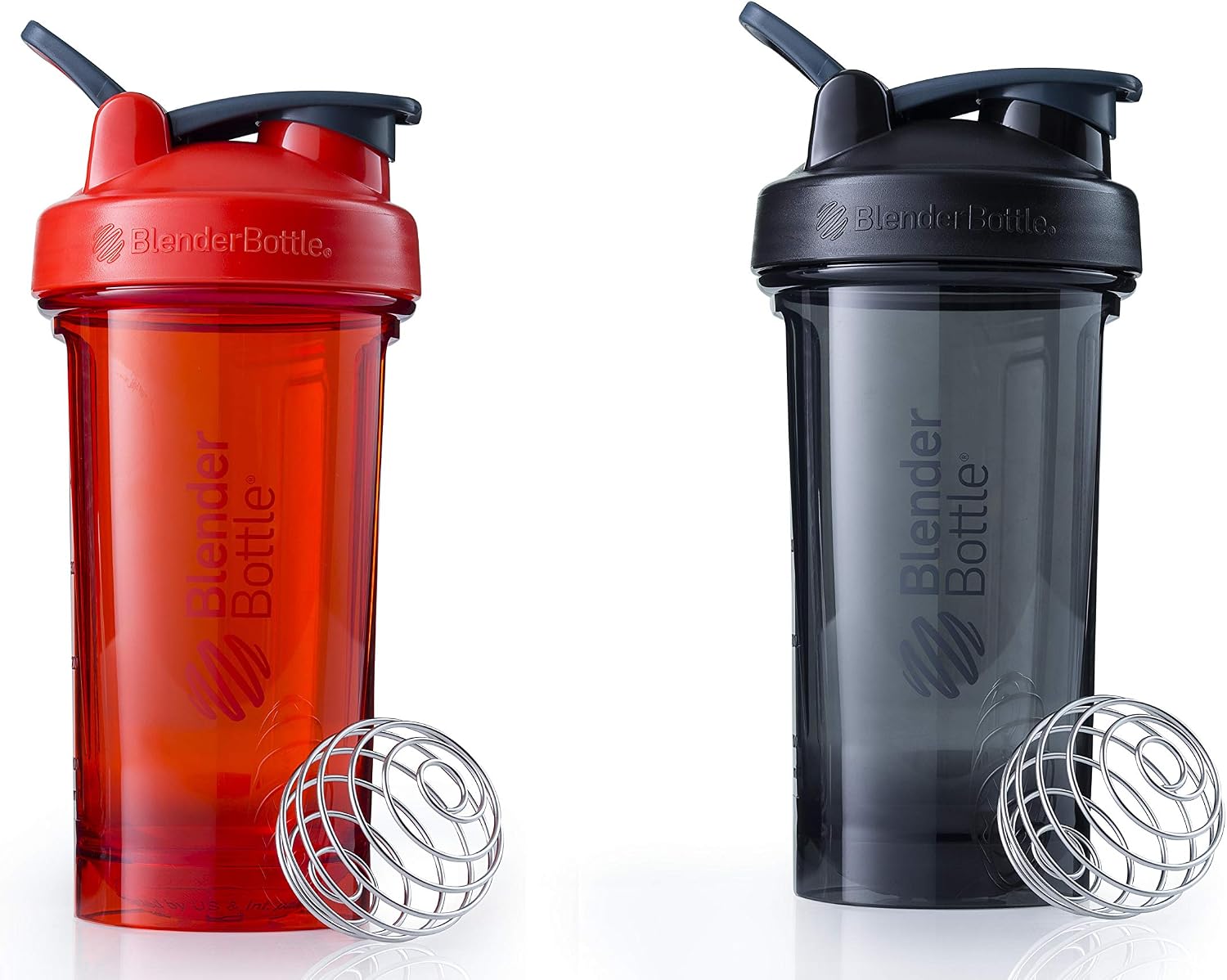 BlenderBottle Pro Series Shaker Bottle BlenderBall Rounded Base with SpoutGuard, 24 Ounce, 2-Pack (Black - Orange)