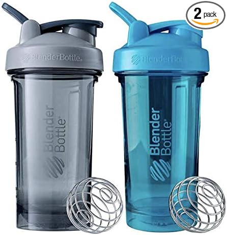 BlenderBottle Pro Series Shaker Bottle BlenderBall Rounded Base with SpoutGuard, 24 Ounce, 2-Pack (Grey - Blue)