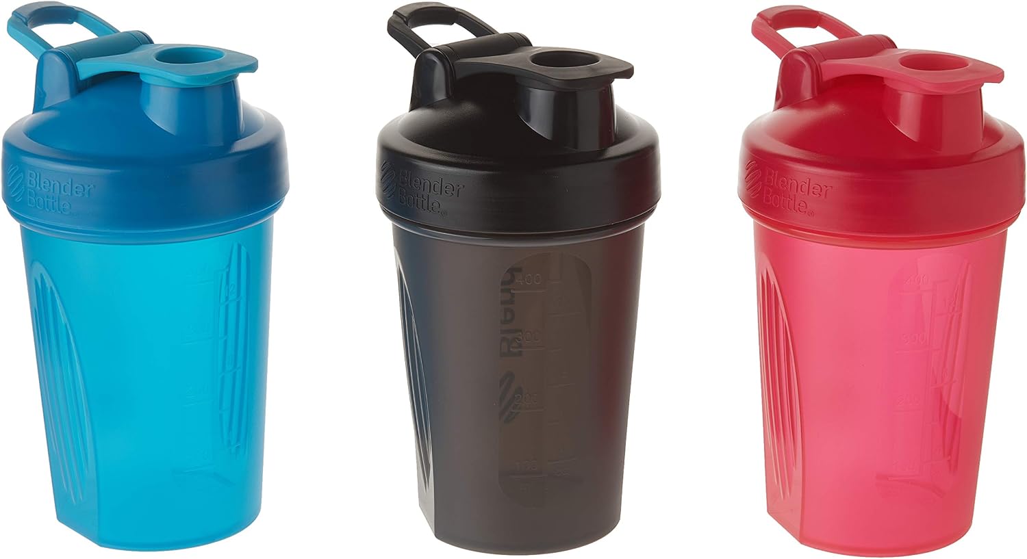 BlenderBottle 20oz Classic Loop Top Shaker Bottle 3-Pack, Full Color (Blue/Black/Red) - No Duplicate