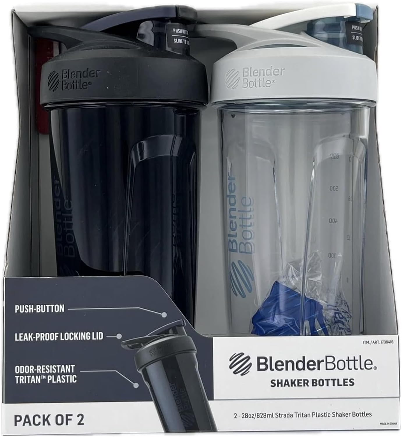 BlenderBottle Strada Shaker Bottle, 28 oz, Tritan Plastic, Leakproof Flip Cap, Wire Whisk Ball, BPA-Free (Pack of 2, Black/White)