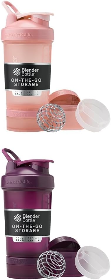 BlenderBottle Shaker Bottle with Pill Organizer and Storage for Protein Powder, ProStak System, 22-Ounce, Rose Pink & Shaker Bottle, ProStak System, 22-Ounce, Plum