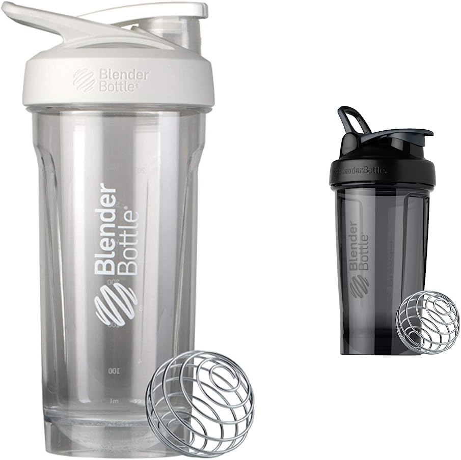 BlenderBottle Strada Shaker Cup (28-Ounce, White) and BlenderBottle Shaker Bottle Pro Series (24-Ounce, Black)
