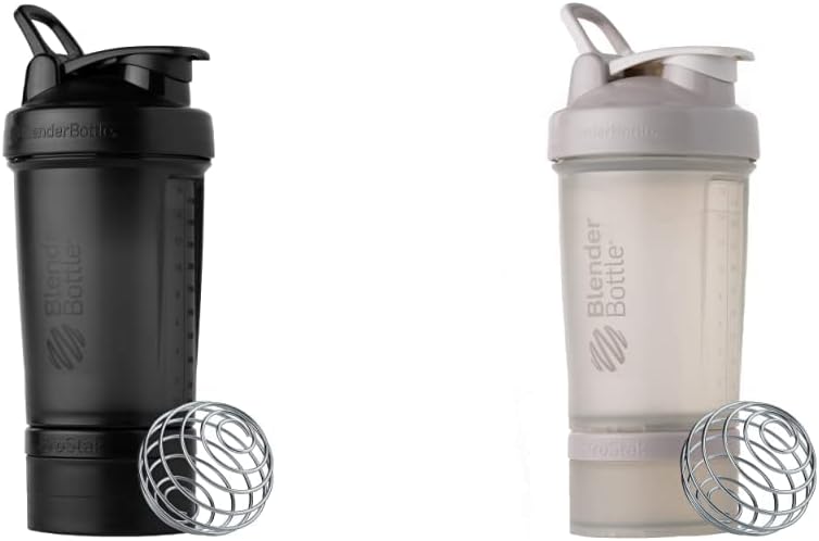 BlenderBottle Shaker Bottle with Pill Organizer and Storage for Protein Powder, ProStak System, 22 Ounce, Midnight Black & Shaker Bottle with Pill Organizer and Storage, 22-Ounce, Smoke Grey