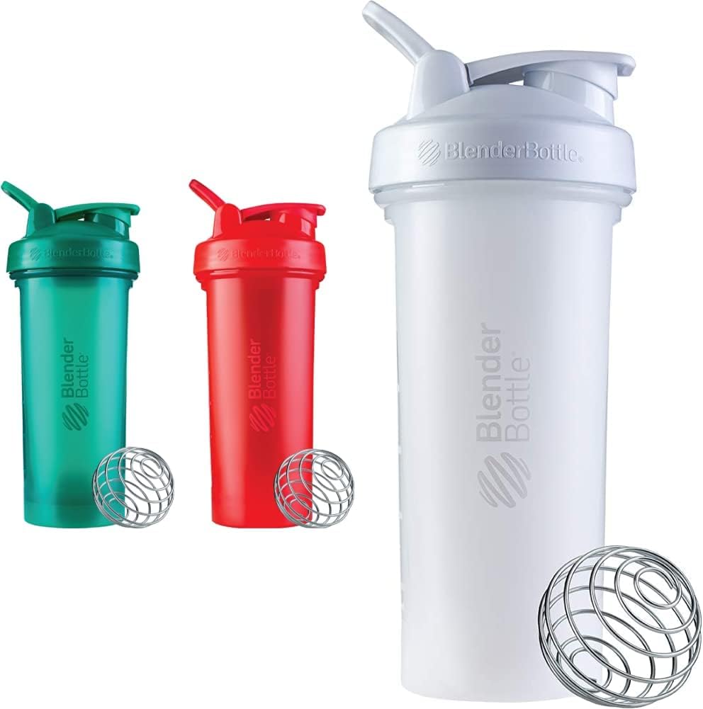BlenderBottle Classic V2 Shaker Bottle Perfect for Protein Shakes and Pre Workout, 28-Ounce (2 Pack), Red, Green & Classic V2 Shaker Bottle Perfect for Protein Shakes and Pre Workout, 28-Ounce, White