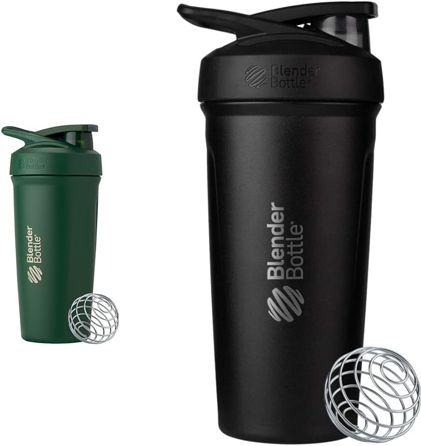 BlenderBottle 24-Ounce Stainless Steel Shaker Cup Bundle with Wire Whisk - Forest and Black