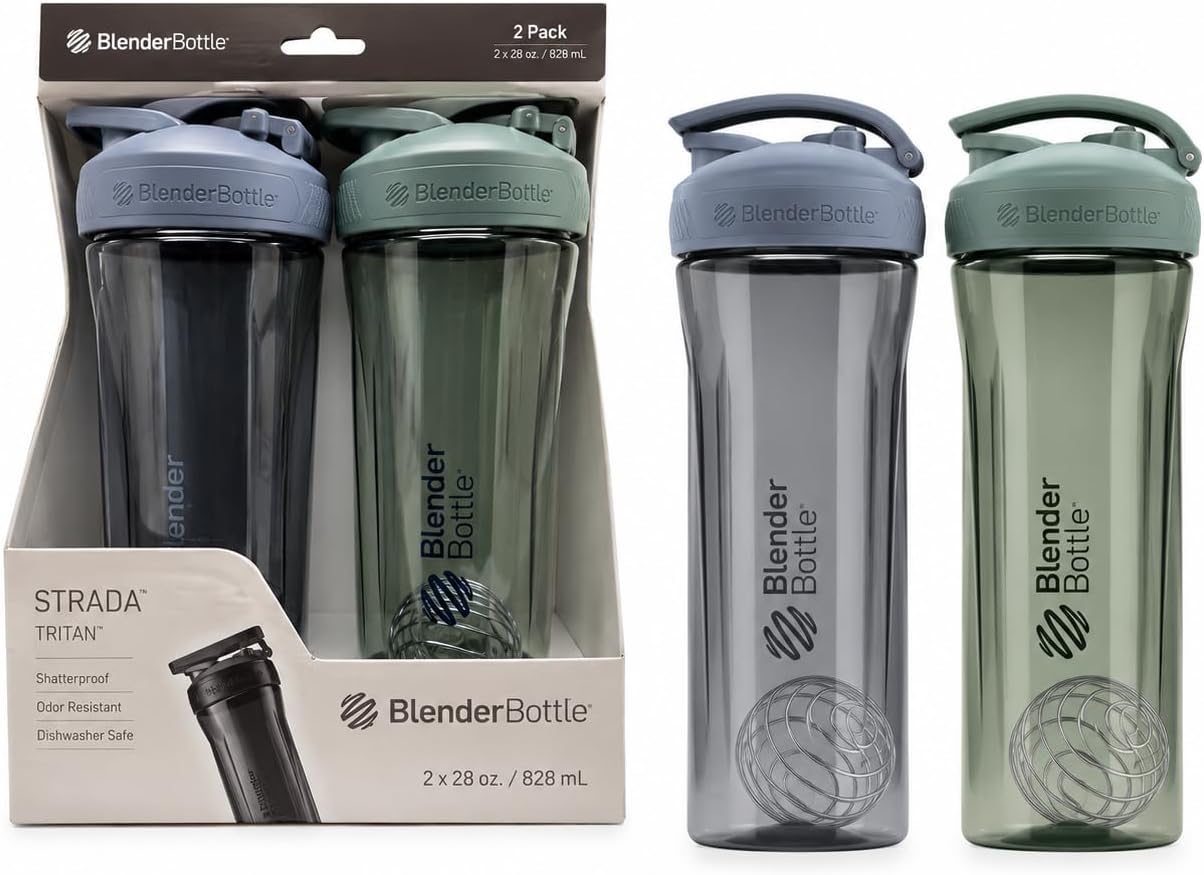 BlenderBottle Strada Shaker Bottle, 28 oz, Tritan Plastic, Leakproof Flip Cap, Wire Whisk Ball, BPA-Free (Pack of 2, Blue/Green)