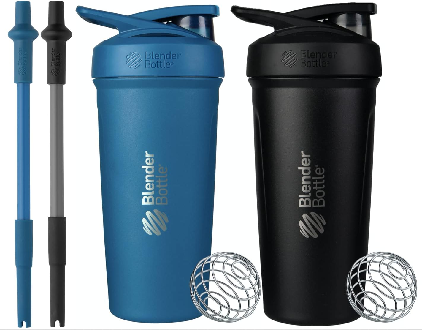 BlenderBottle Strada Shaker Cups with Silicone Straws, (2 24-Ounce Bottles and 2 Straws) Black/Blue