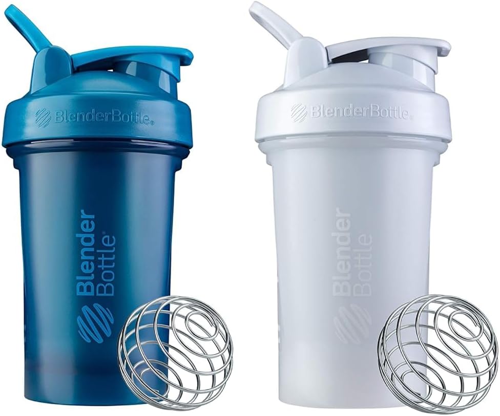 BlenderBottle Classic V2 Shaker Bottle Perfect for Protein Shakes and Pre Workout, 20-Ounce, Ocean Blue & Classic V2 Shaker Bottle Perfect for Protein Shakes and Pre Workout, 20-Ounce, White