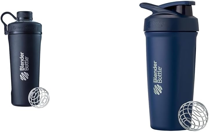 BlenderBottle Radian Shaker Cup Insulated Stainless Steel Water Bottle with Wire Whisk, 26-Ounce, Matte Black & Strada Shaker Cup Insulated Stainless Steel Water Bottle with Wire Whisk, 24-Ounce, Navy