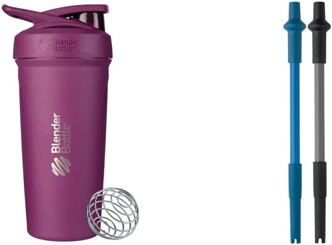 BlenderBottle Strada Shaker Cup Insulated Stainless Steel Water Bottle with Wire Whisk (24-Ounce) and Stay-In-Bottle Reusable Silicone Straws Shaker Bottles (2 Pack)