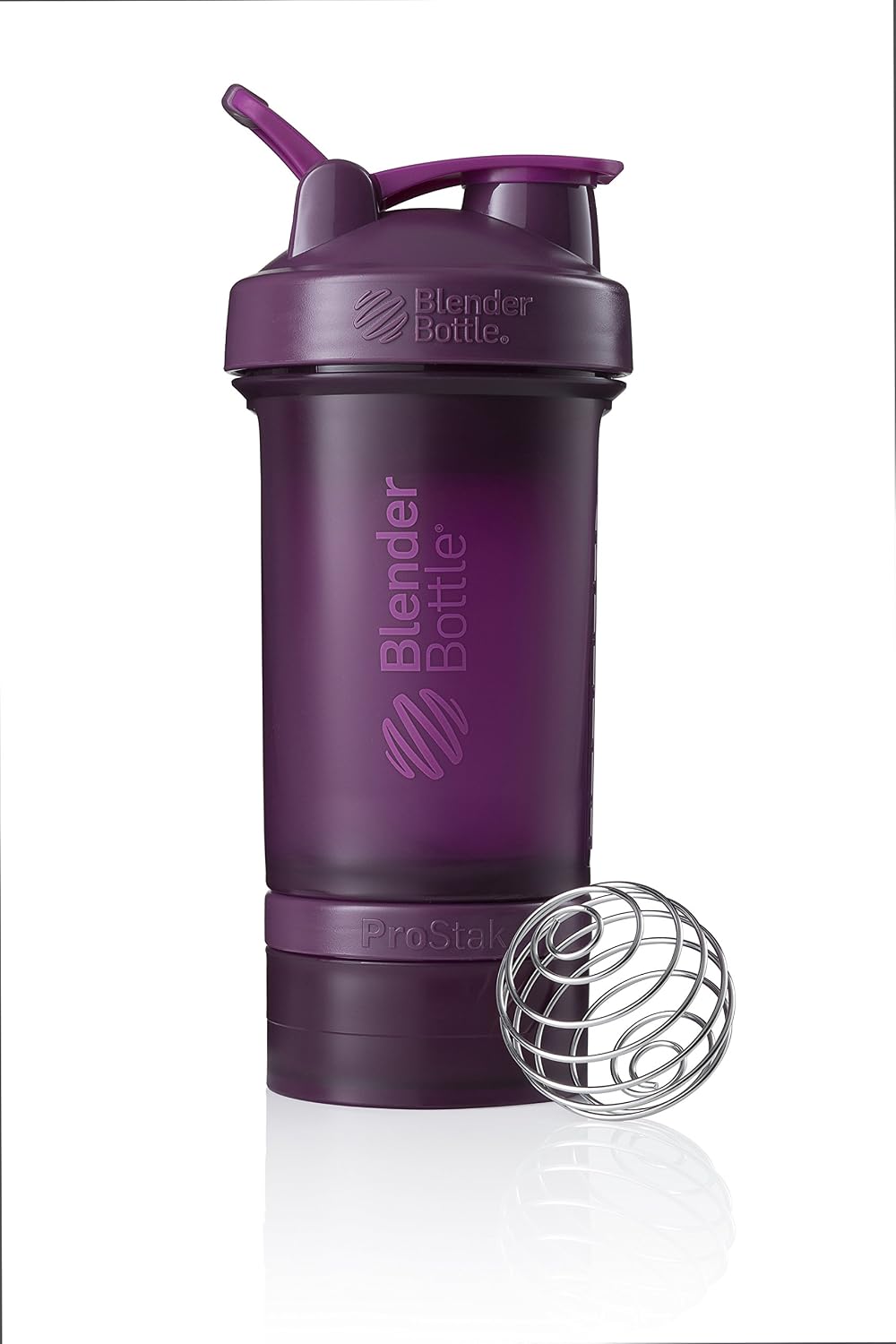 BlenderBottle Shaker Bottle with Pill Organizer and Storage for Protein Powder ProStak System, 22-Ounce, Plum