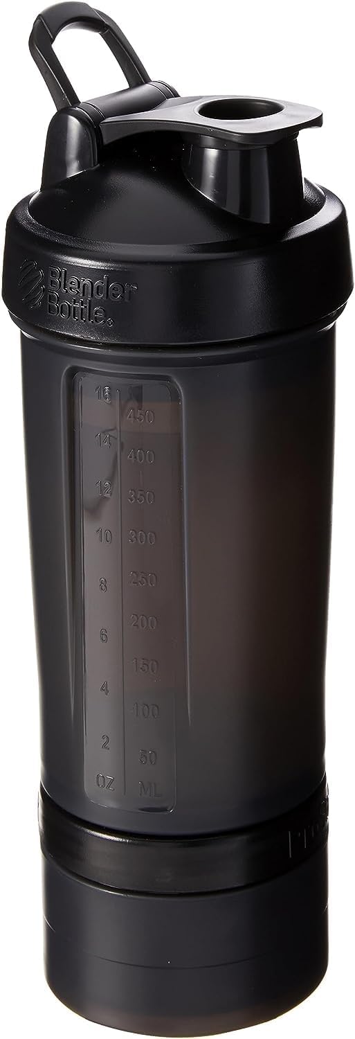 BlenderBottle Shaker Bottle with Pill Organizer and Storage for Protein Powder ProStak System, 22-Ounce, Black