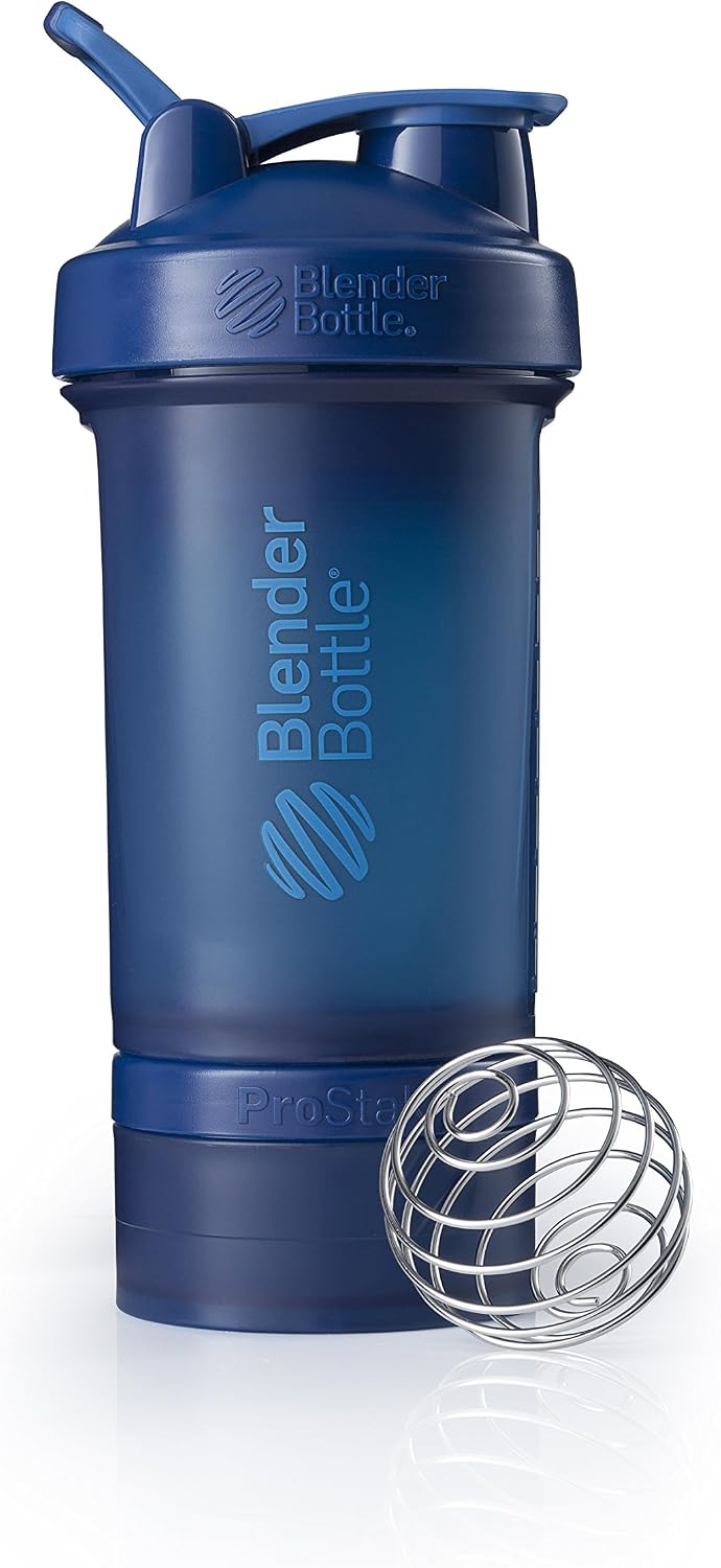 BlenderBottle Shaker Bottle with Pill Organizer and Storage for Protein Powder ProStak System, 22-Ounce, Navy